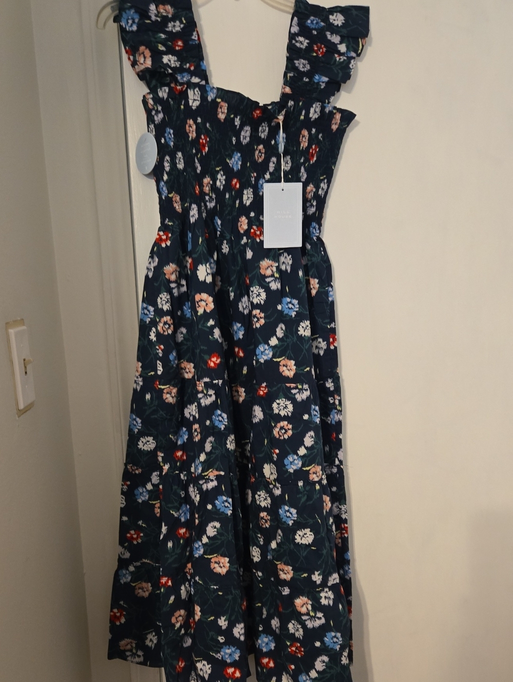 Hill House Ellie Nap Dress Navy Blue Floral Smocked Flutter Sleeve, S - Picture 2 of 2